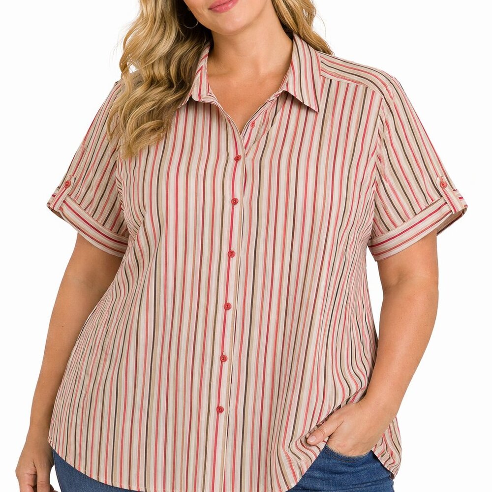 Erika Woman 2X Red Beige Stripe Button Front Short Sleeve Shirt